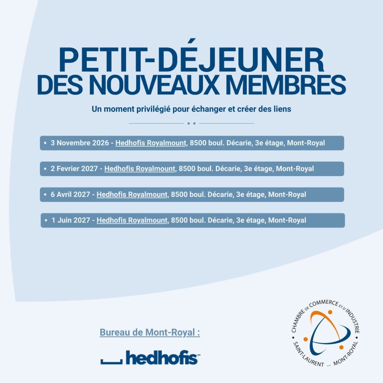 Petit-déjeuner des nouveaux membres de la Chambre, dates au Bureau de Mont-Royal chez Hedhofis Royalmount