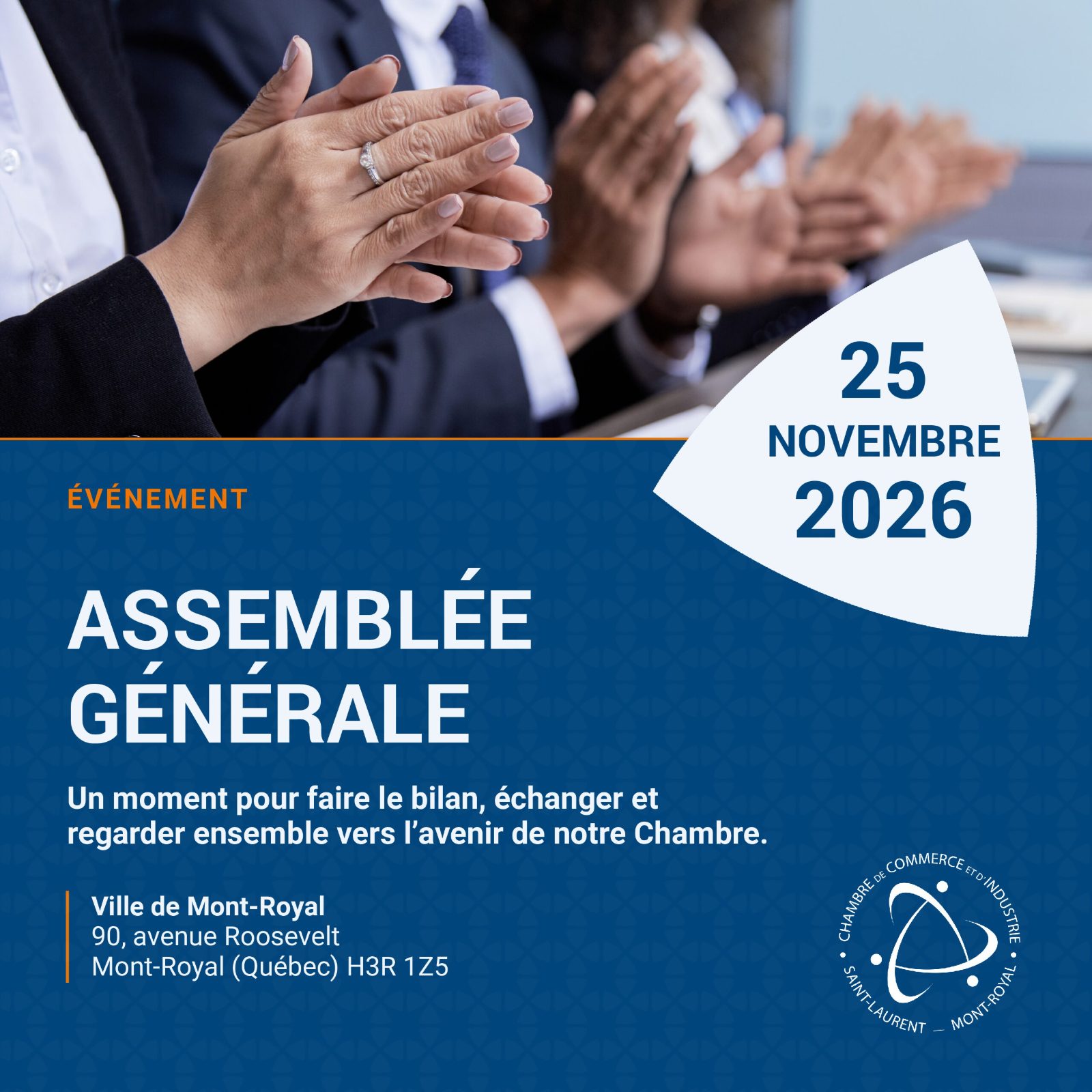 Affiche de l'assemblée générale annuelle 2026 de la Chambre, le 25 novembre à Mont-Royal